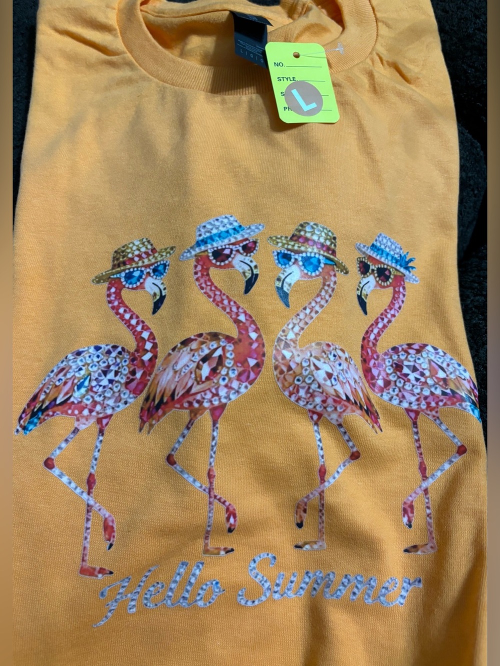 NEW Yellow 'Hello Summer' Flamingo Graphic Tee - Large